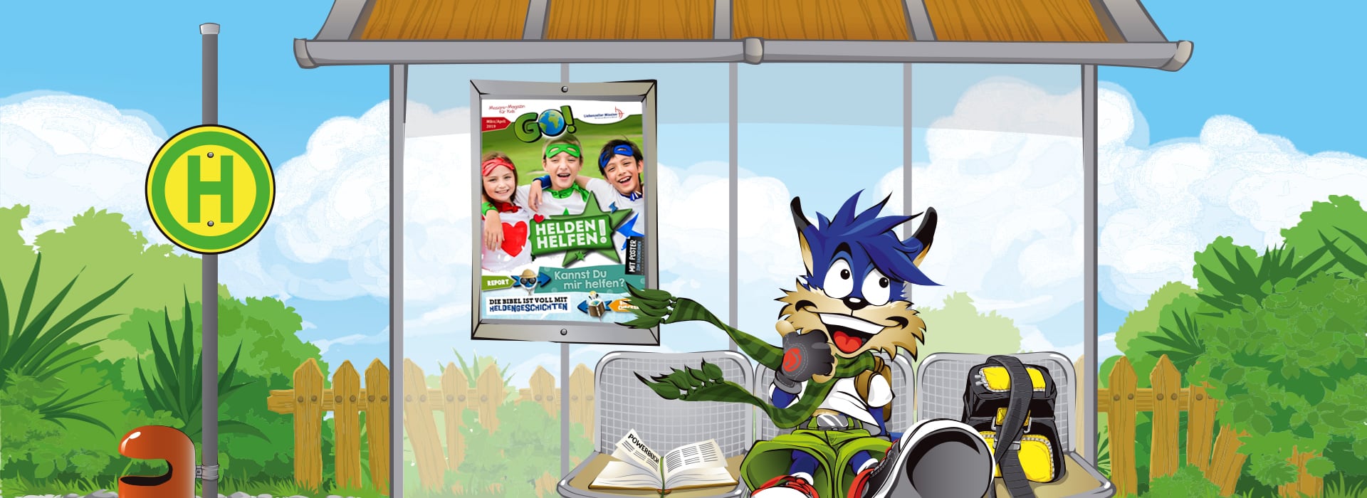 Ein Cartoon-Wolf in Sportkleidung sitzt an einer Bushaltestelle und zeigt auf ein Plakat; in der Nähe stehen Bäume und ein Mülleimer.