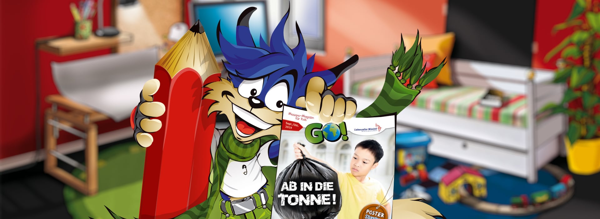 Ein Comic-Wolf hält einen großen Bleistift und ein Recycling-Poster in einem bunten, unaufgeräumten Schlafzimmer voller Spielsachen und Bücher.