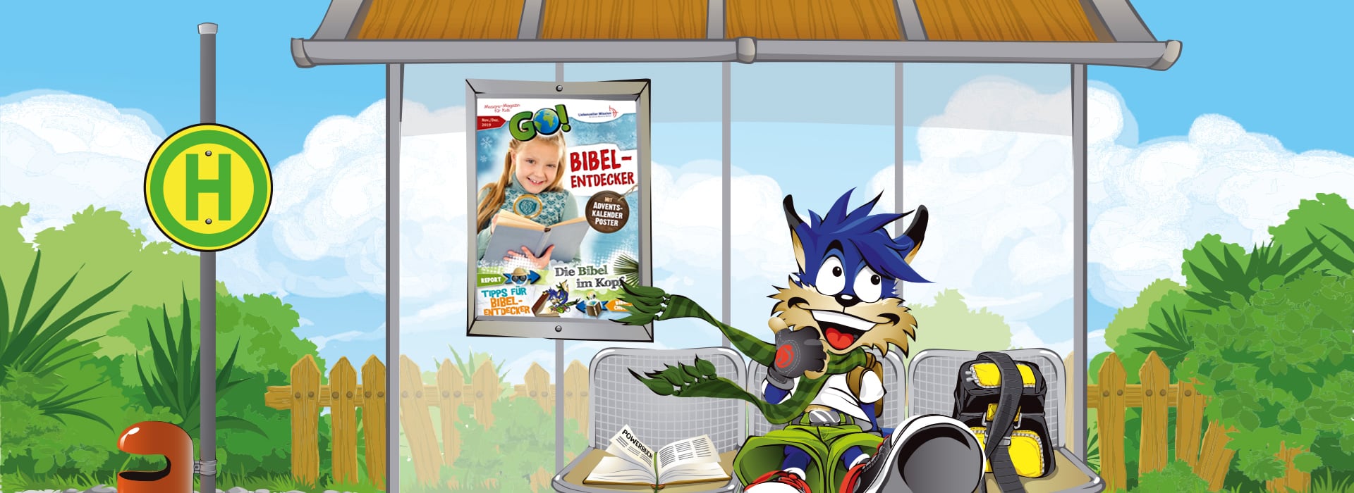 Ein Comic-Wolf in Shorts entspannt sich an einer Bushaltestelle und zeigt auf ein Plakat mit Bibelmotiven an der Wand des Wartehäuschens.