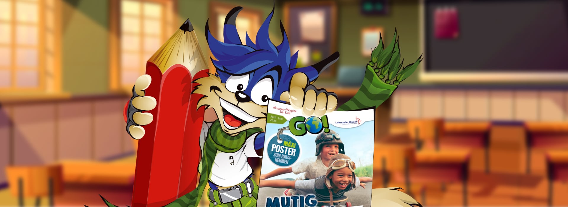 Ein Cartoon-Wolf, der einen roten Bleistift und eine Zeitschrift mit lächelnden Kindern in der Hand hält, in einem farbenfrohen Klassenzimmer.