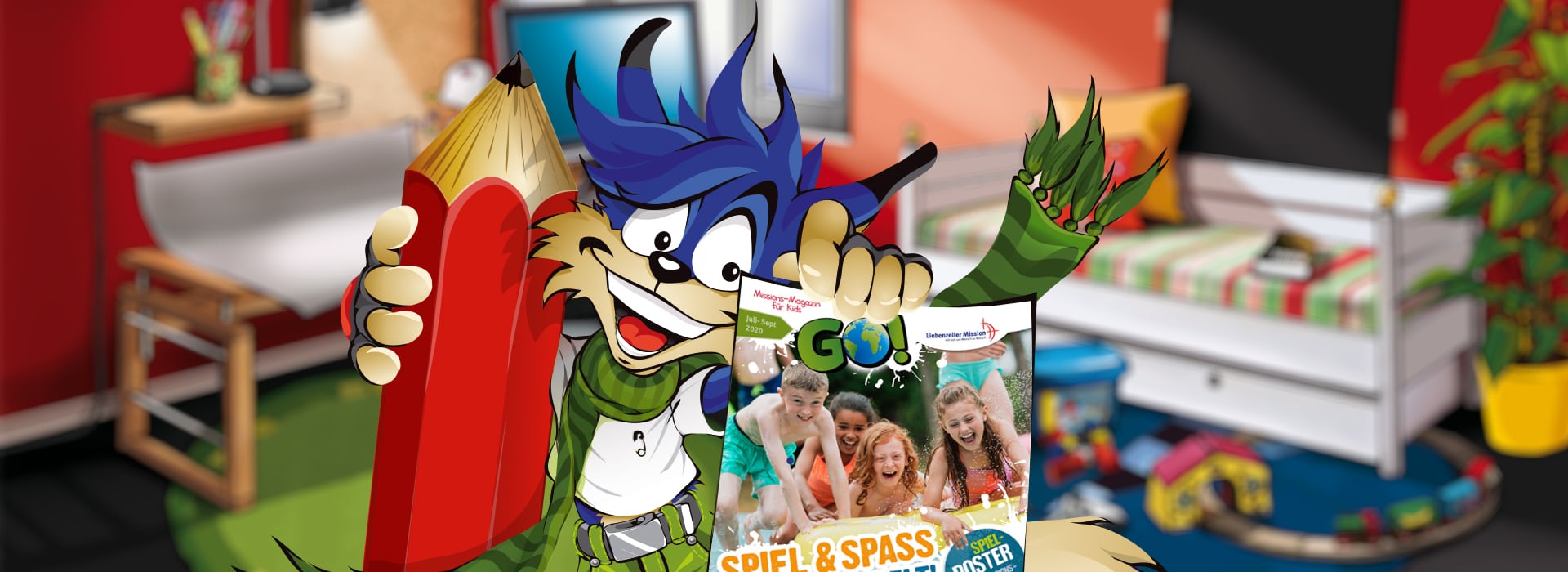 Ein Cartoon-Wolf, der einen großen roten Bleistift und eine Kinderzeitschrift in einem bunten, unaufgeräumten Schlafzimmer in der Hand hält.
