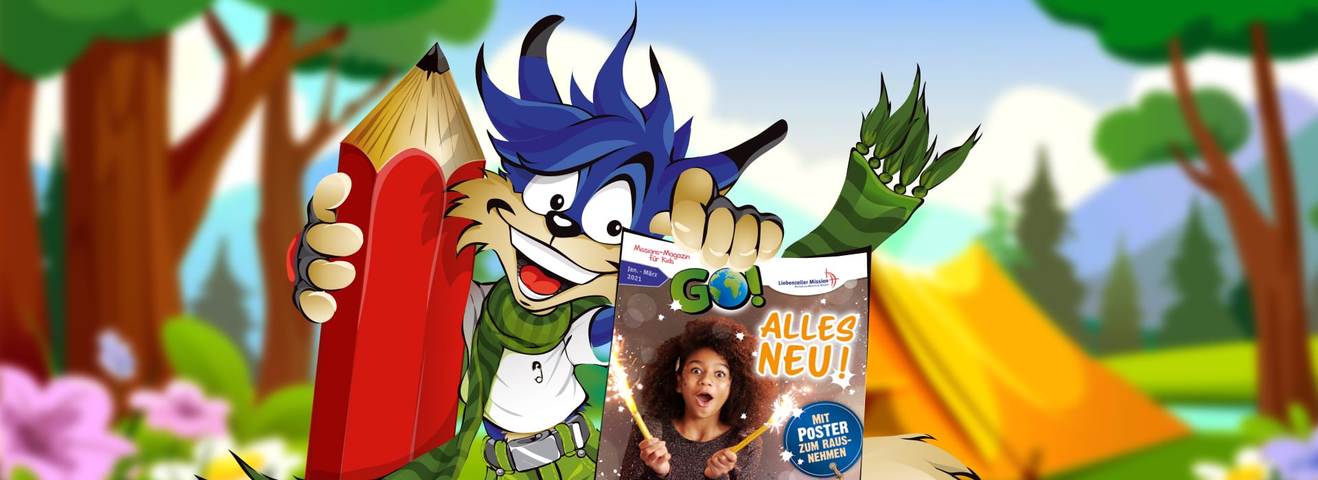 Ein Comic-Wolf, der einen großen roten Bleistift und eine Zeitschrift in der Hand hält, im Hintergrund sind ein Zelt und Bäume zu sehen.