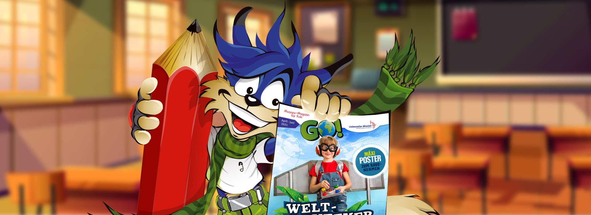 Ein Cartoon-Wolf, der einen großen roten Bleistift und eine Kinderzeitschrift in einem farbenfrohen Klassenzimmer in der Hand hält.