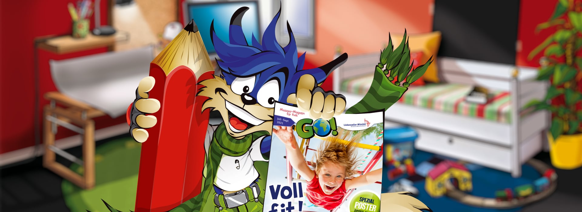 Ein Comic-Wolf, der einen riesigen roten Bleistift und eine Kinderzeitschrift in der Hand hält und in einem bunten, unaufgeräumten Kinderzimmer steht.