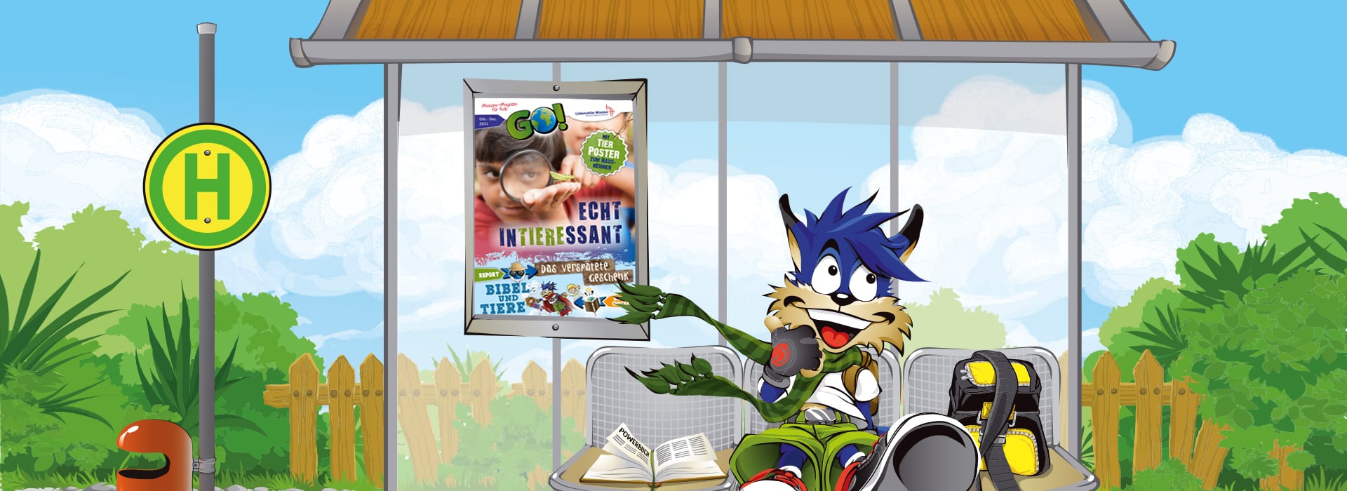 Ein Comic-Wolf sitzt an einer Bushaltestelle, zeigt auf ein buntes Plakat und hat Bücher und einen Rucksack neben sich.