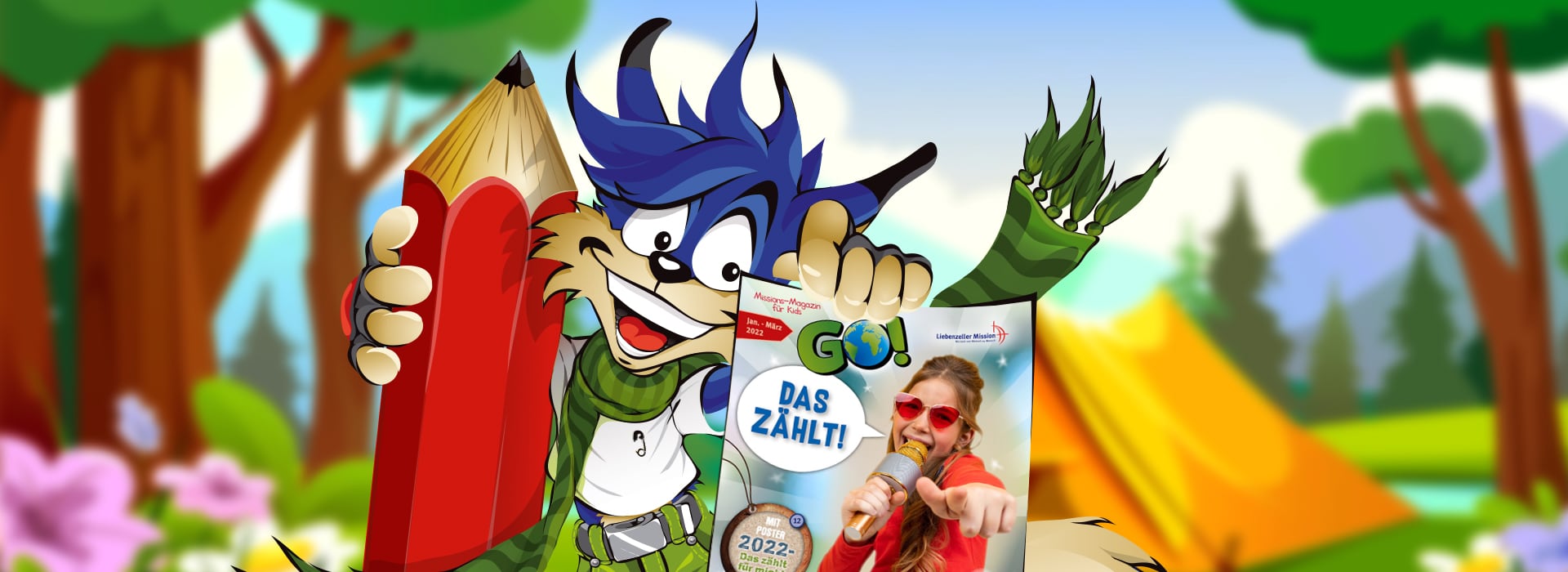 Ein Comic-Wolf, der einen großen roten Bleistift und eine deutsche Zeitschrift in der Hand hält, in einer farbenfrohen Szene auf einem Campingplatz im Freien.