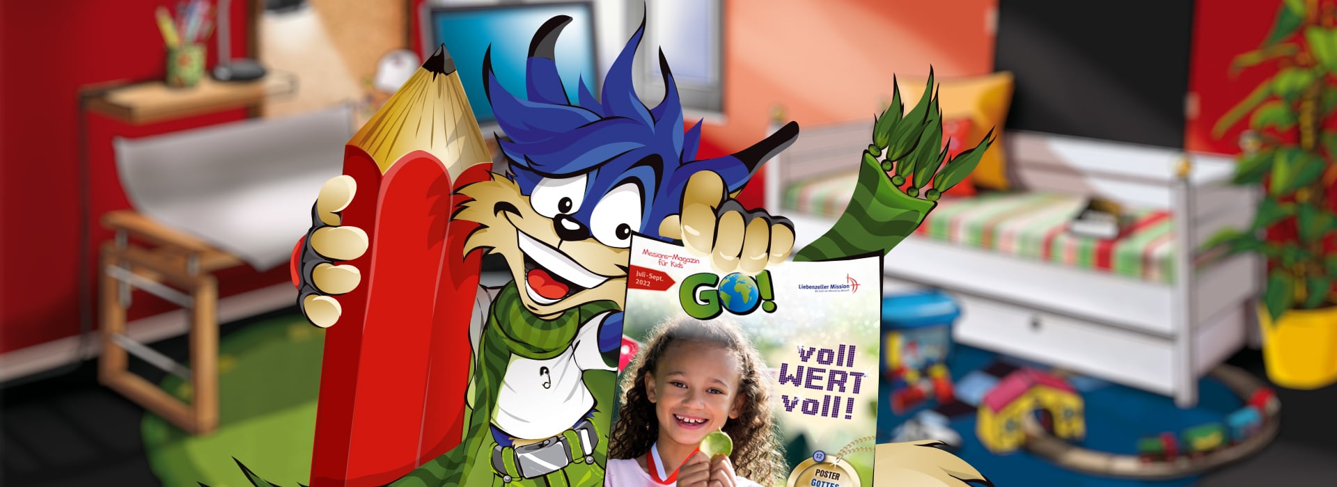 Ein Comic-Wolf hält in einem bunten Schlafzimmer einen riesigen roten Bleistift und eine Kinderzeitschrift mit dem Bild eines lächelnden Mädchens in der Hand.
