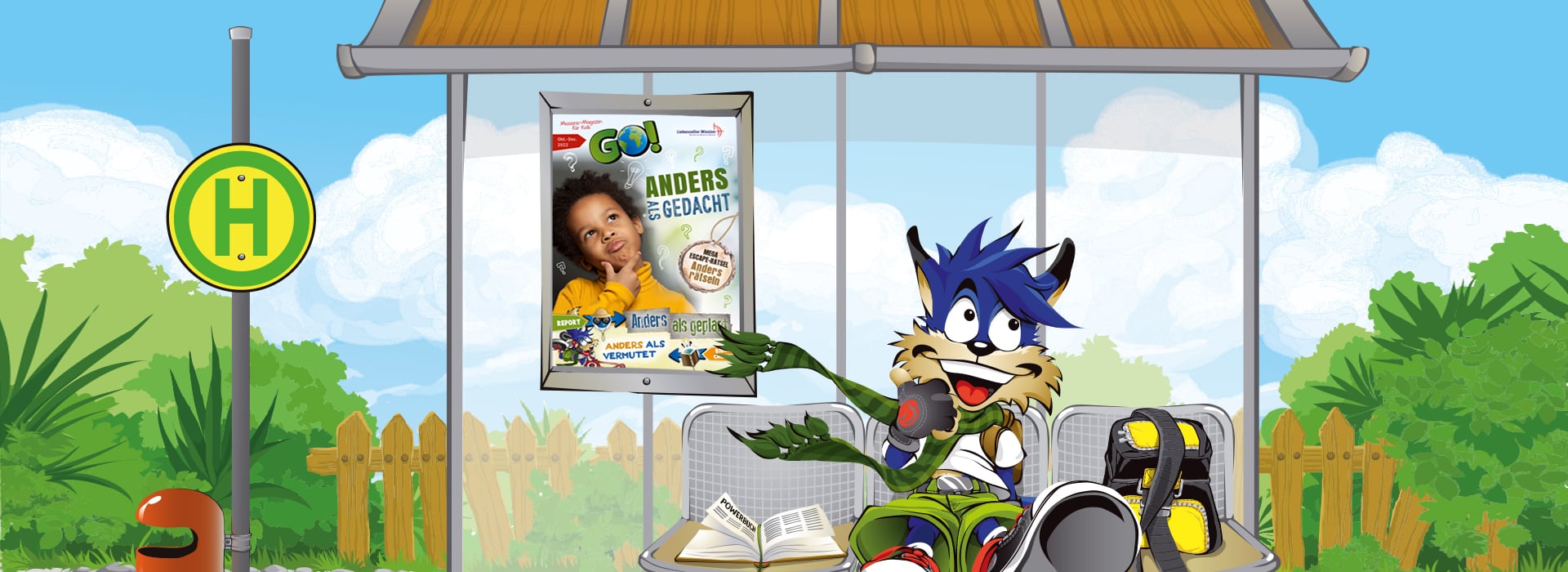Ein Comic-Wolf an einer Bushaltestelle, der auf ein Plakat mit dem Foto eines Kindes zeigt; im Hintergrund Bäume und ein Zaun.