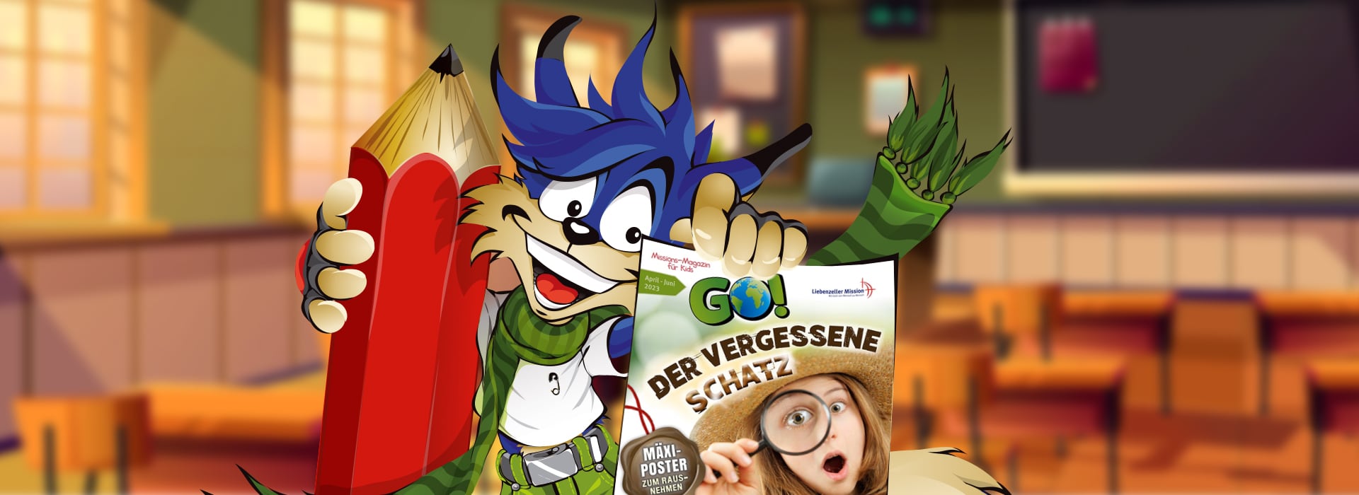 Ein Comic-Wolf hält in einem Klassenzimmer einen riesigen roten Bleistift und eine Zeitschrift in der Hand; auf der Zeitschrift ist ein Kind mit einer Lupe zu sehen.