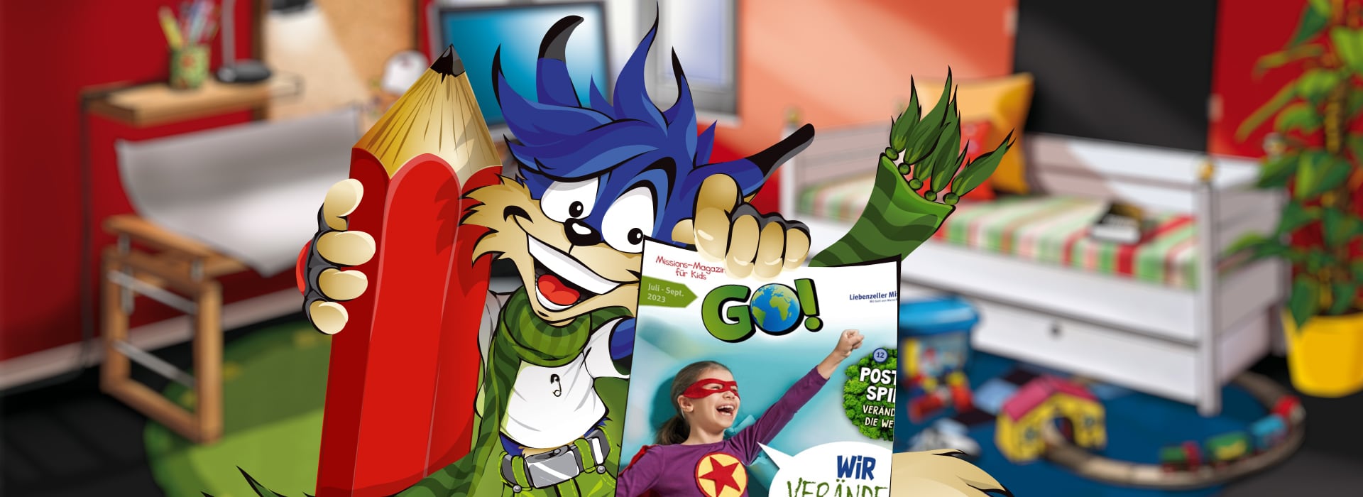 Ein Comic-Wolf, der einen großen roten Bleistift und eine Zeitschrift in der Hand hält, in einem bunten, unaufgeräumten Schlafzimmer mit Spielzeug und Pflanzen.