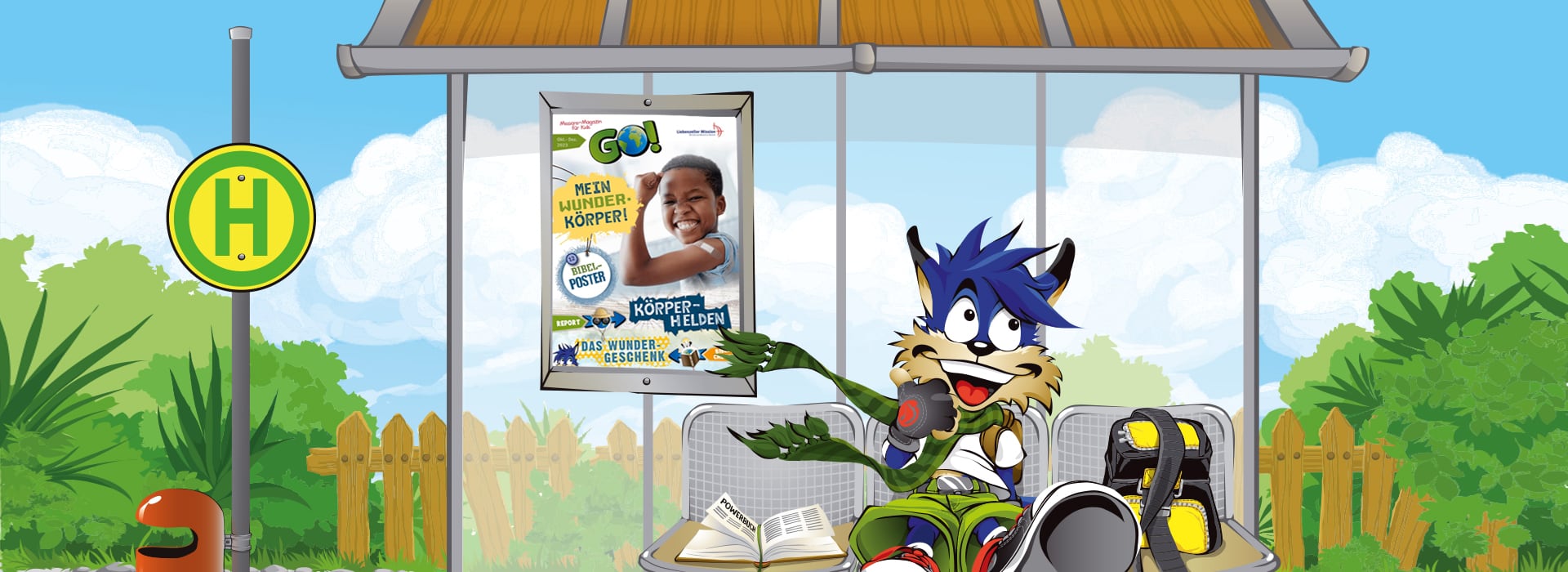 Ein Comic-Wolf an einer Bushaltestelle zeigt auf ein Plakat, im Hintergrund sind Bäume, ein Zaun und ein Busschild zu sehen.