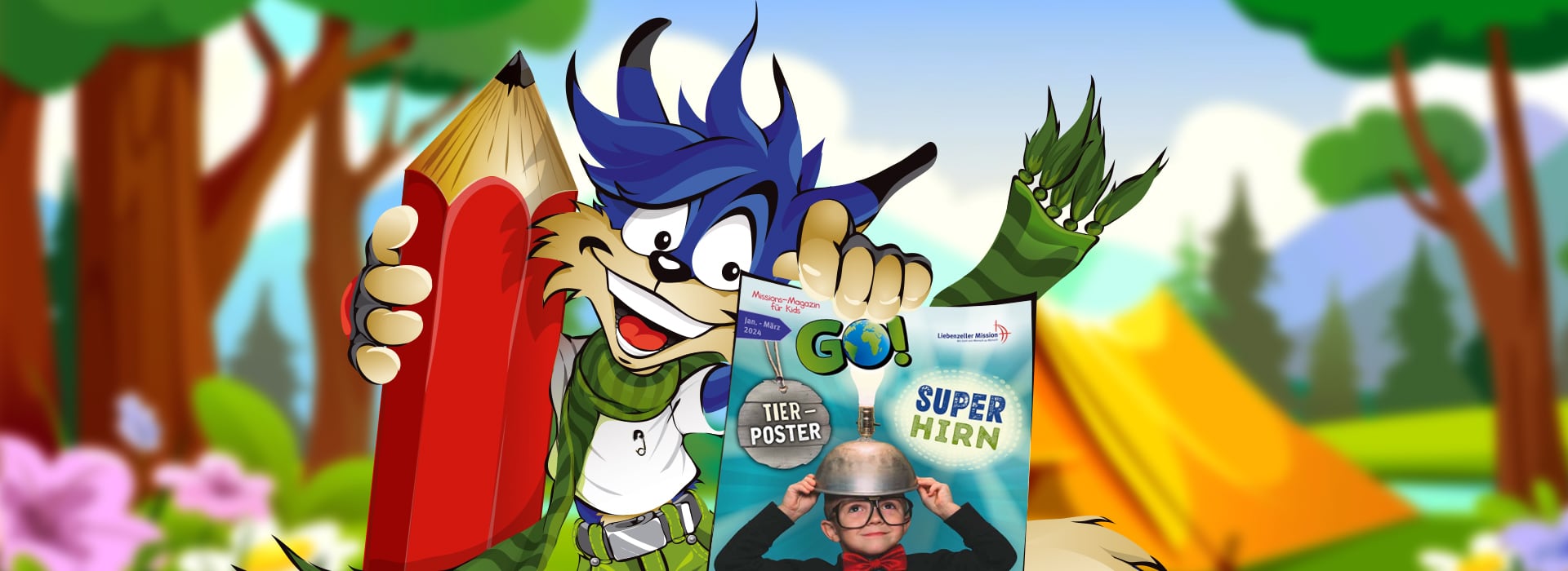 Ein Comic-Wolf, der einen großen roten Bleistift und eine Kinderzeitschrift in der Hand hält, vor dem Hintergrund eines farbenfrohen Campingplatzes im Freien.