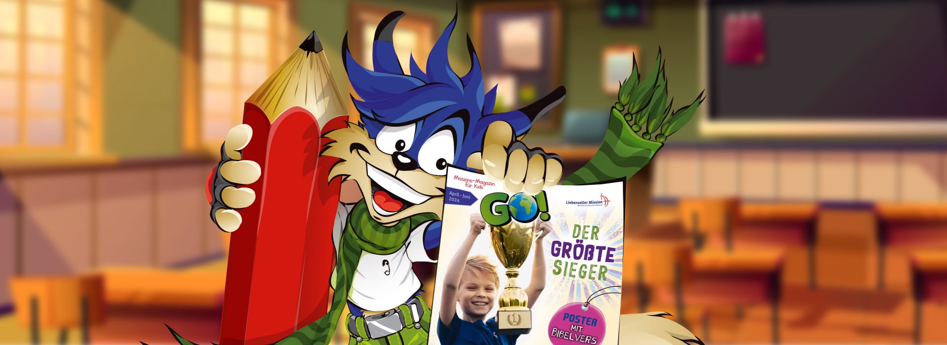 Ein Comic-Wolf, der einen großen roten Bleistift und ein Trophäenplakat mit dem Foto eines Kindes in einem Klassenzimmer hält.