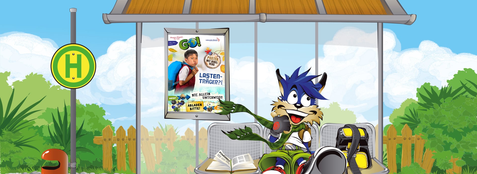 Ein Comic-Wolf sitzt an einer Bushaltestelle und zeigt auf eine Rucksackwerbung an der Wand des Wartehäuschens.