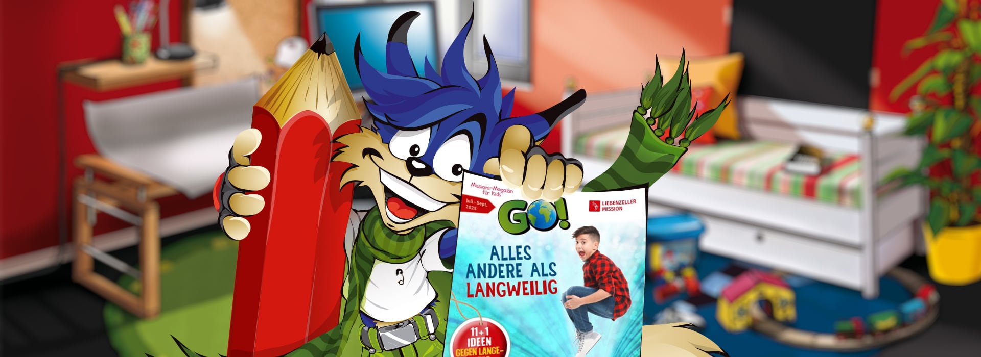 Ein Cartoon-Wolf, der einen großen roten Bleistift und eine Zeitschrift in der Hand hält, in einem bunten, unaufgeräumten Kinderzimmer voller Spielsachen und Bücher.