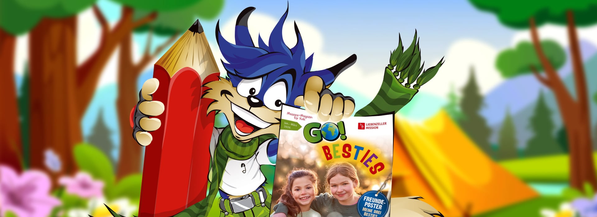 Ein Comic-Wolf, der einen großen roten Bleistift und eine Kinderzeitschrift in der Hand hält, draußen in der Nähe eines gelben Zeltes und von Bäumen.