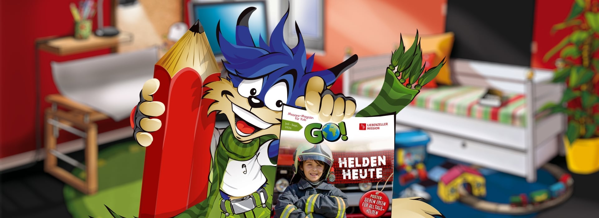 Ein Comic-Wolf hält einen riesigen roten Bleistift und eine Kinderzeitschrift in einem bunten, unaufgeräumten Schlafzimmer in der Hand.