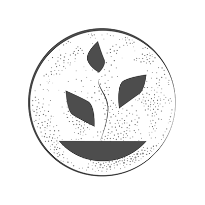 Ein schlichtes Schwarz-Weiß-Symbol, das eine sprießende Pflanze mit drei Blättern in einem gepunkteten Kreis darstellt.