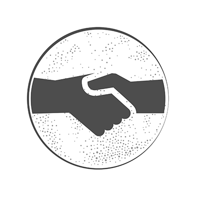 Schwarz-weißes Symbol, das zwei sich die Hände schüttelnde Hände in einem Kreis vor einem gesprenkelten Hintergrund zeigt.
