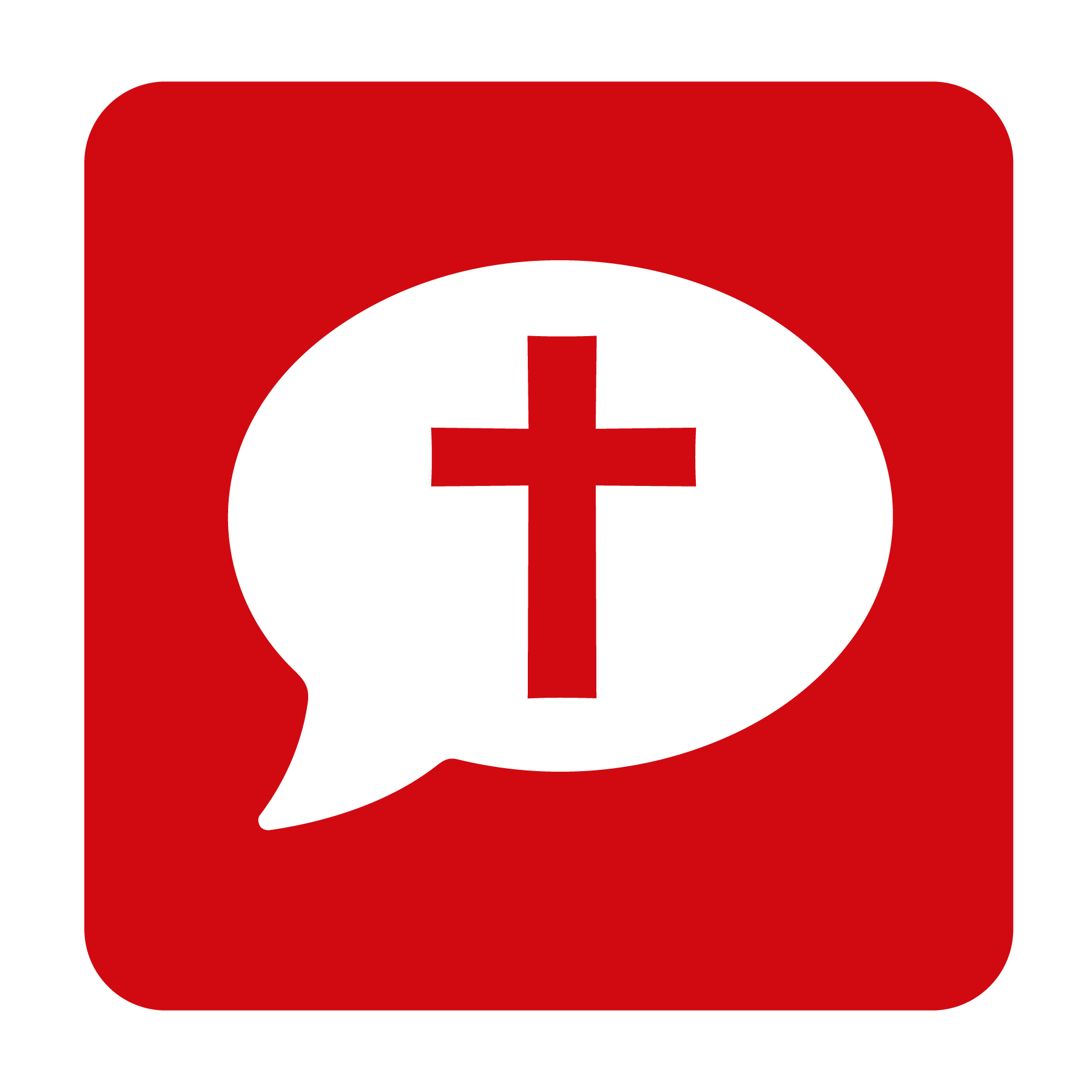 Rotes quadratisches Symbol mit einer weißen Sprechblase, in deren Mitte ein fettgedrucktes rotes christliches Kreuz zu sehen ist.