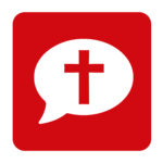 Rote Sprechblase mit einem weißen Oval, in dem sich ein rotes christliches Kreuz befindet.