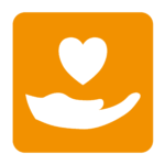 Ein weißes Herz über einer offenen weißen Hand auf einem orangefarbenen quadratischen Hintergrund, das Fürsorge oder Großzügigkeit symbolisiert.