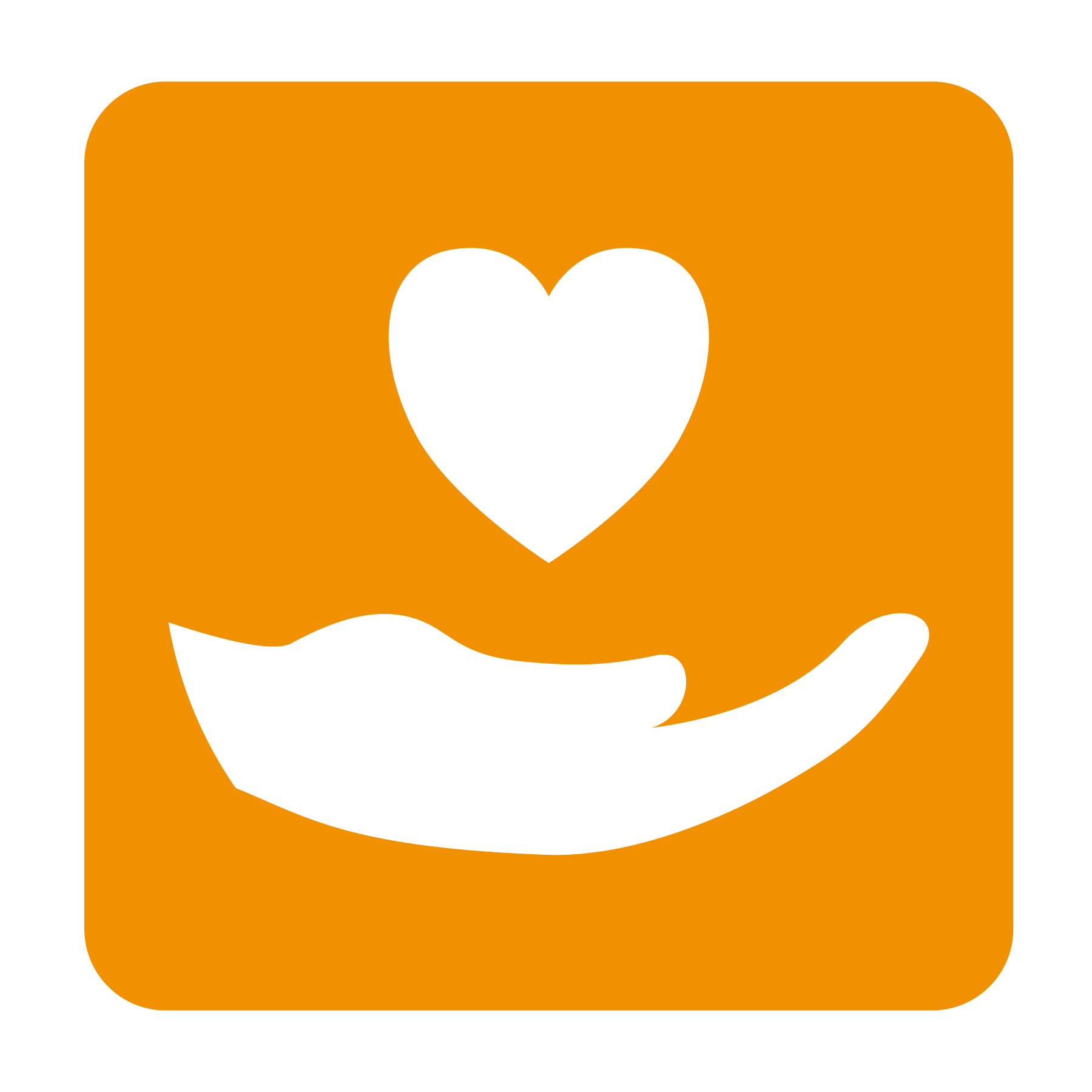 Ein weißes Herz über einer weißen, offenen Hand auf einem orangefarbenen quadratischen Hintergrund, das Fürsorge oder Großzügigkeit symbolisiert.