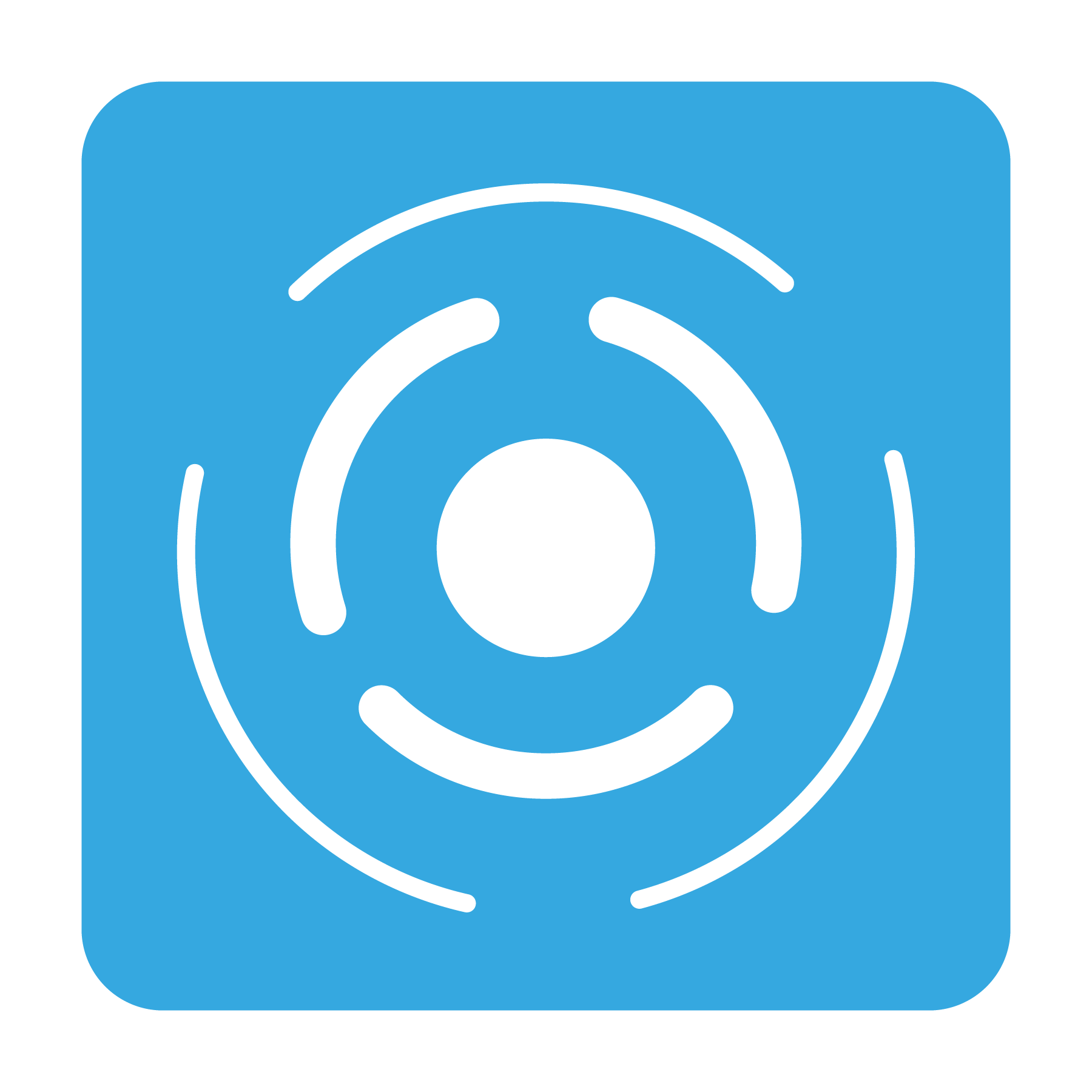 Weiße, kreisförmige Linien und ein Punkt in der Mitte auf einem blauen, abgerundeten quadratischen Hintergrund, das einem Radar- oder Sonar-Symbol ähnelt.