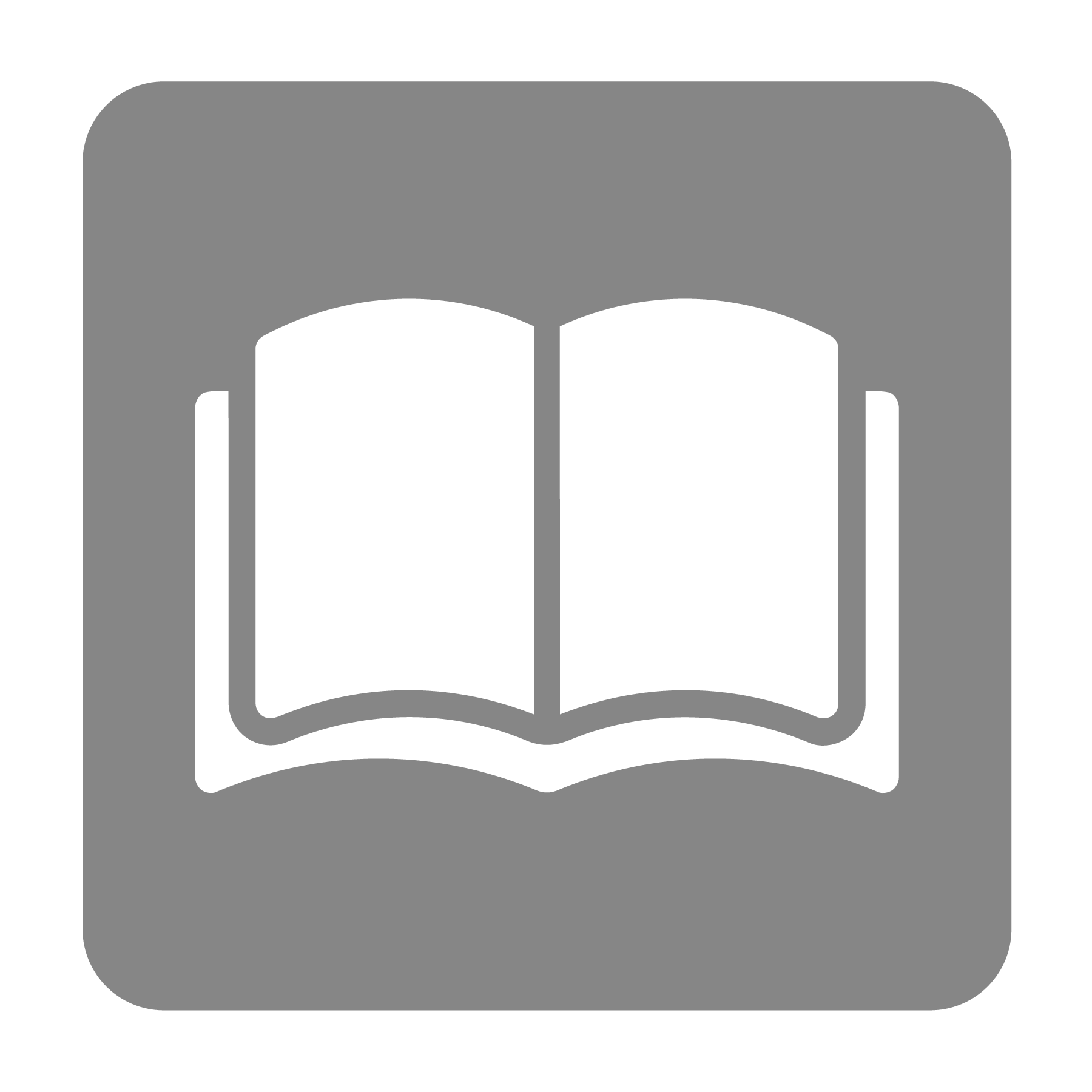 Graues quadratisches Symbol mit einem weißen, aufgeschlagenen Buch in der Mitte, das für das Lesen oder die Literatur steht.