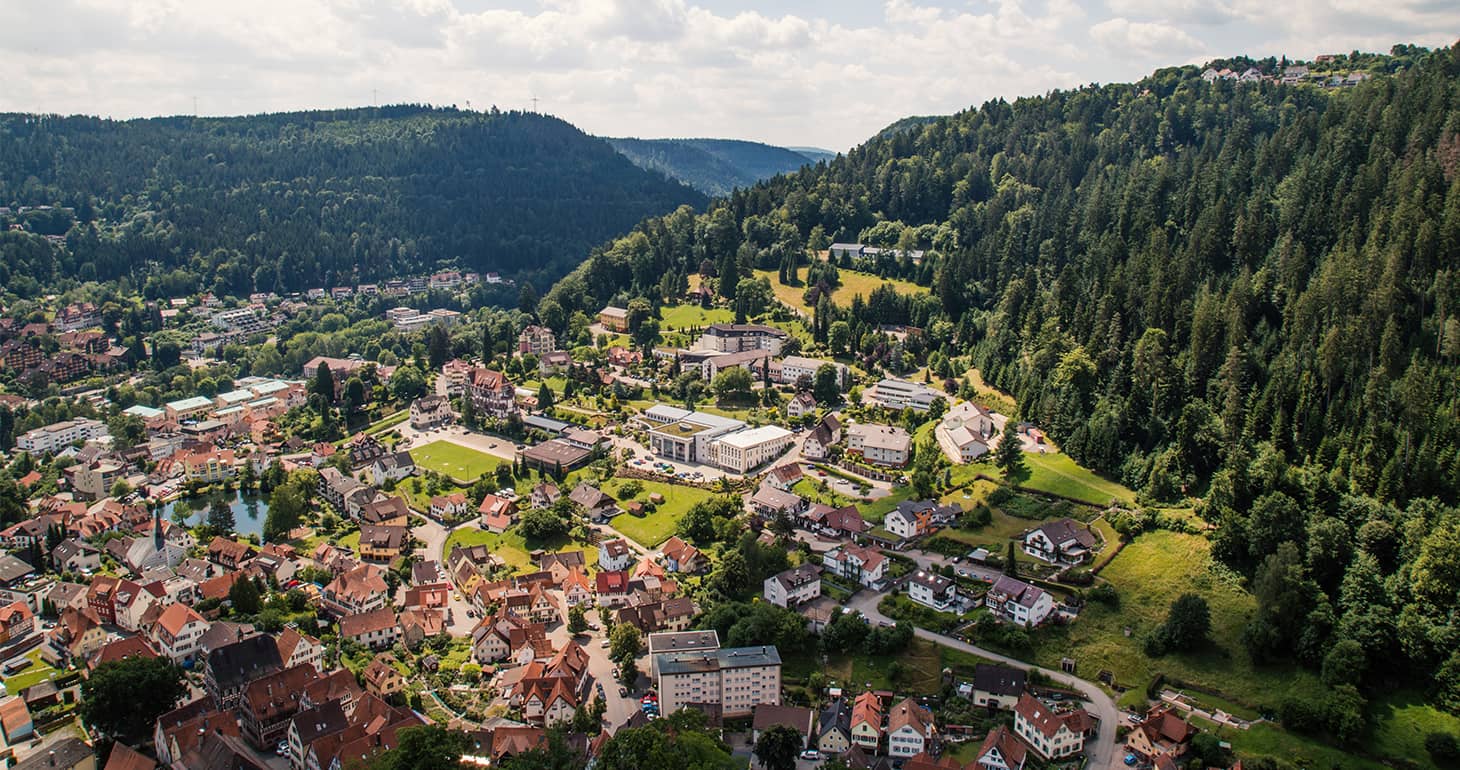 Luftaufnahme einer Kleinstadt, umgeben von üppig grünen Hügeln und dichtem Wald unter einem teilweise bewölkten Himmel.