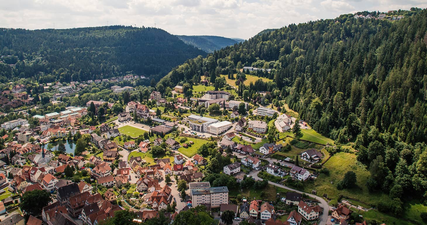 Luftaufnahme einer Kleinstadt, umgeben von grünen Hügeln und dichten Wäldern unter einem teilweise bewölkten Himmel.