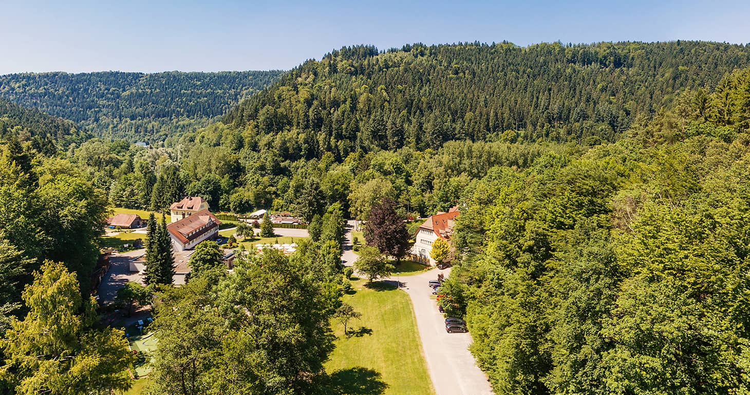 Luftaufnahme eines Dorfes mit Häusern, umgeben von dichtem Wald und grünen Hügeln unter einem strahlend blauen Himmel.