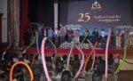 Menschen auf der Bühne bei einer Veranstaltung zum 25-jährigen Jubiläum; das Publikum winkt zur Feier des Tages mit bunten Luftballons.