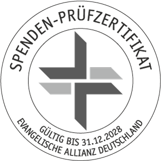 Rundes Spenden-Prüfzertifikat-Siegel mit geometrischem Kreuz und gültig bis 31.12.2028, Evangelische Allianz Deutschland.