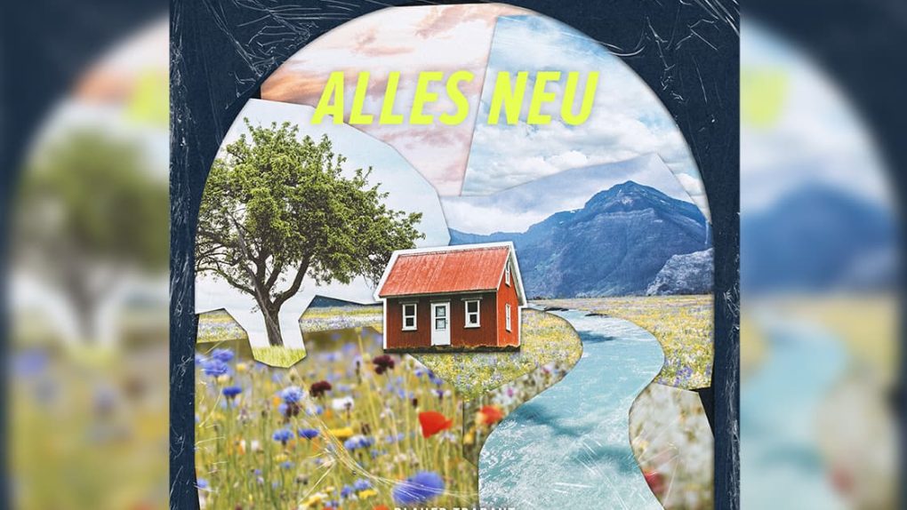 Ein rotes Haus und ein roter Baum in einem blühenden Feld mit Bergen, unter dem Text ALLES NEU und BLAUER TRABANT.
