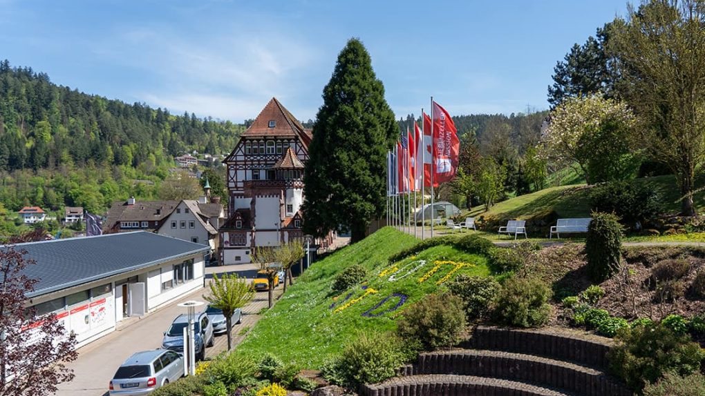 Landschaftliche Ansicht einer Kleinstadt mit Fahnen, einem historischen Gebäude, Grünflächen und Hügeln im Hintergrund.