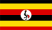 Flagge Ugandas mit schwarzen, gelben und roten Querstreifen und einem grauen Kranich mit Krone in einem weißen Kreis in der Mitte.